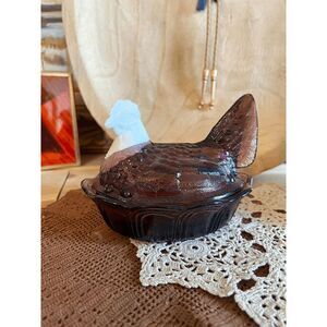 Vintage Fenton Amethyst Hen on Nest with Milk Glass Head (1983)